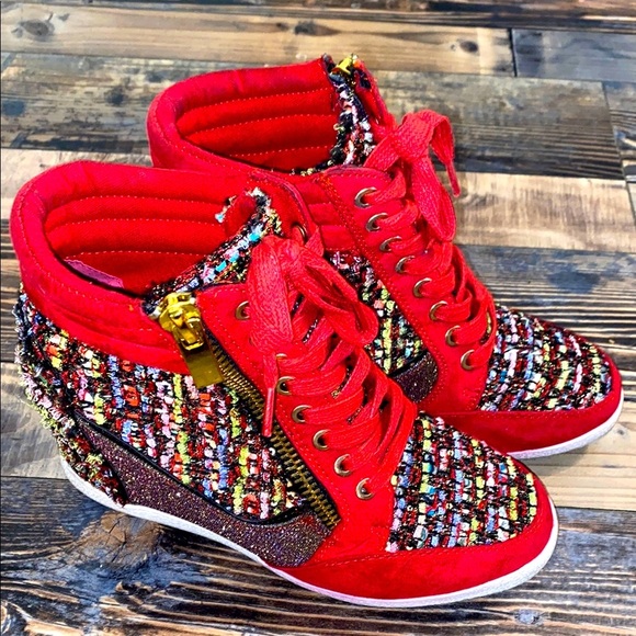 Bamboo Red, glitter colorful Booties with side zip size 8.5 - Picture 1 of 6